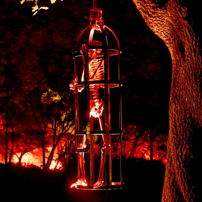 Skeleton hanging from a tree at Kew Gardens